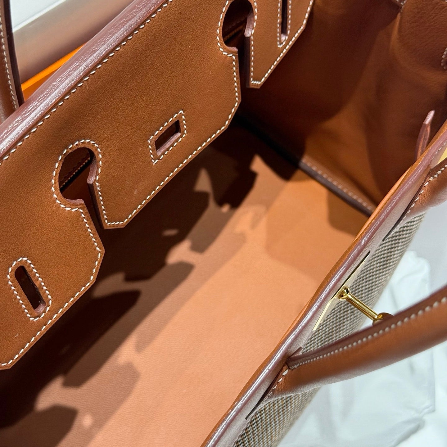 QUADRILLE BIRKIN 30CM IN GOLD SWIFT CALFSKIN AND BLACK/WHITE/BROWN TOILE CANVAS