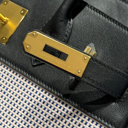 QUADRILLE BIRKIN 30CM IN BLACK SWIFT CALFSKIN WHITE BLUE PINK PLAID TOILE CANVAS