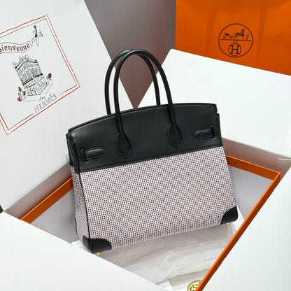 QUADRILLE BIRKIN 30CM IN BLACK SWIFT CALFSKIN WHITE BLUE PINK PLAID TOILE CANVAS