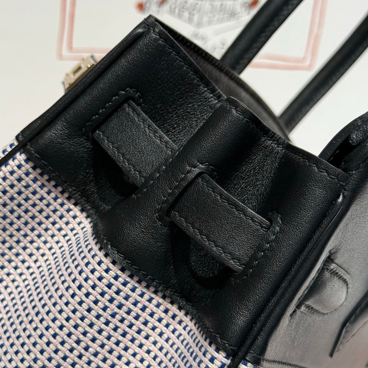 QUADRILLE BIRKIN 30CM IN BLACK SWIFT CALFSKIN WHITE BLUE PINK PLAID TOILE CANVAS