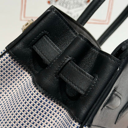 QUADRILLE BIRKIN 30CM IN BLACK SWIFT CALFSKIN WHITE BLUE PINK PLAID TOILE CANVAS