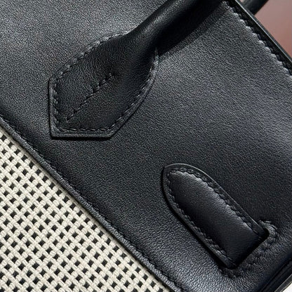 QUADRILLE BIRKIN 30CM IN BLACK SWIFT CALFSKIN WHITE BLACK PLAID TOILE CANVAS