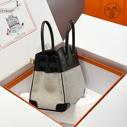 QUADRILLE BIRKIN 30CM IN BLACK SWIFT CALFSKIN WHITE BLACK PLAID TOILE CANVAS