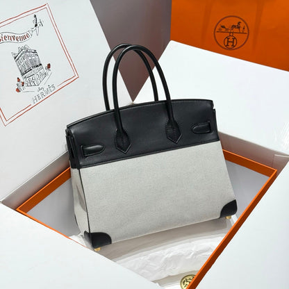 QUADRILLE BIRKIN 30CM IN BLACK SWIFT CALFSKIN WHITE TOILE CANVAS