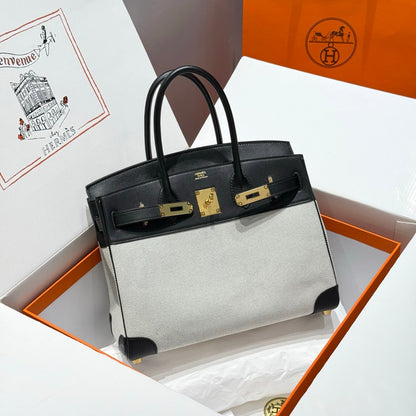 QUADRILLE BIRKIN 30CM IN BLACK SWIFT CALFSKIN WHITE TOILE CANVAS