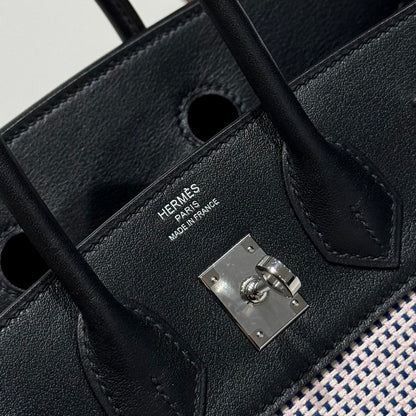 QUADRILLE BIRKIN 25CM IN BLACK SWIFT CALFSKIN WHITE BLUE PINK PLAID TOILE CANVAS