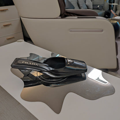 PRA SQUARE TOE MULES BLACK CALFSKIN WITH LOGO