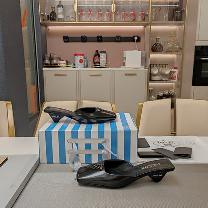 PRA SQUARE TOE MULES BLACK CALFSKIN WITH LOGO