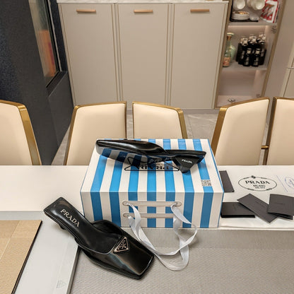 PRA SQUARE TOE MULES BLACK CALFSKIN WITH LOGO