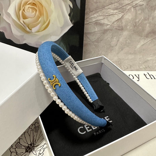 BRIGHT BLUE DENIM FABRIC HAIRBAND WITH PEARL CHAIN 400482