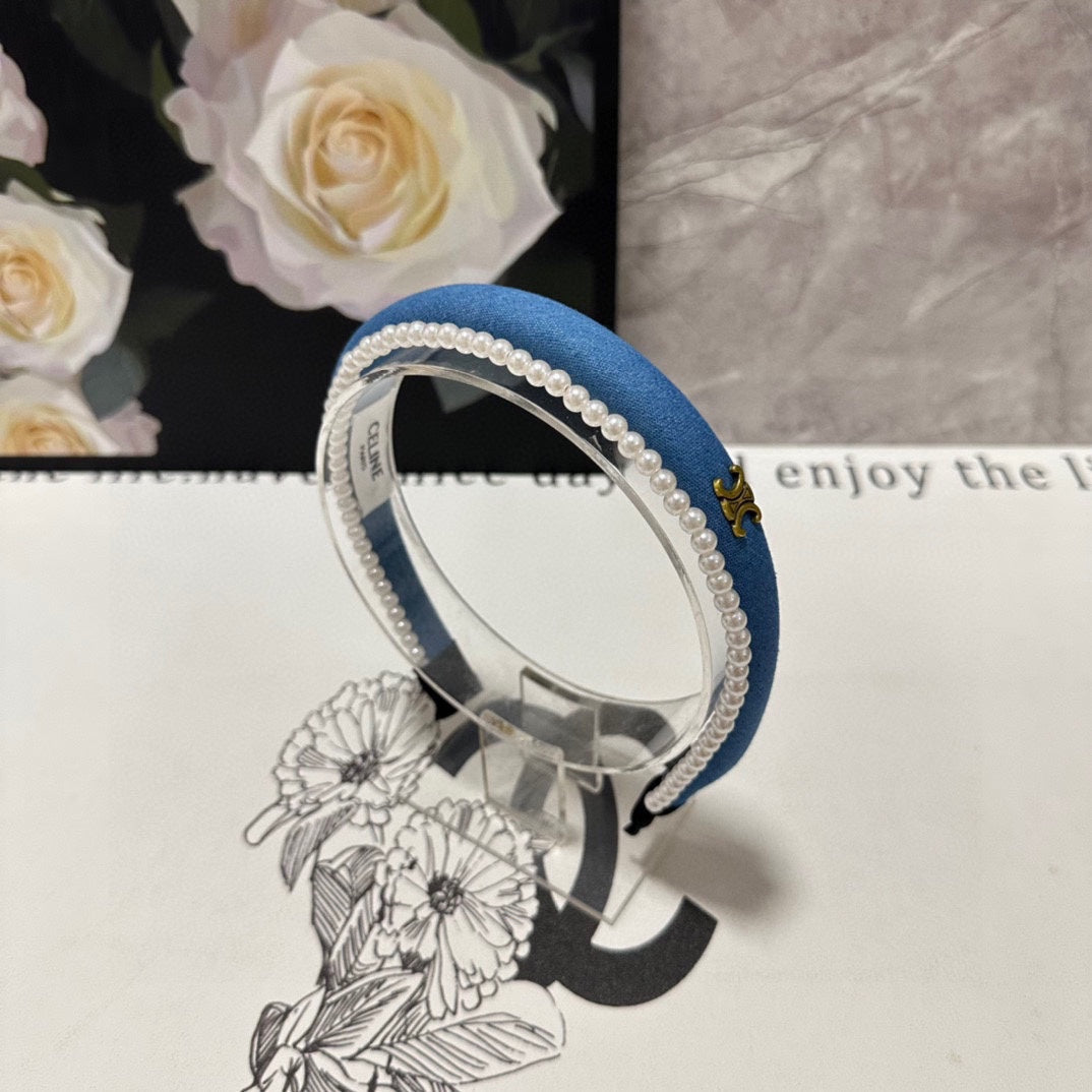 BRIGHT BLUE DENIM FABRIC HAIRBAND WITH PEARL CHAIN 400482