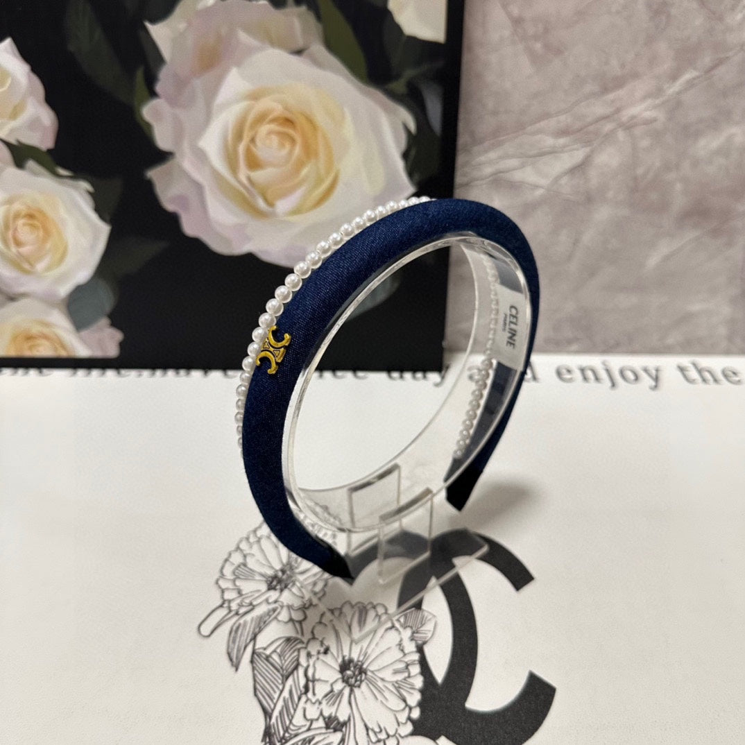 NAVY BLUE DENIM FABRIC HAIRBAND WITH PEARL CHAIN 400483