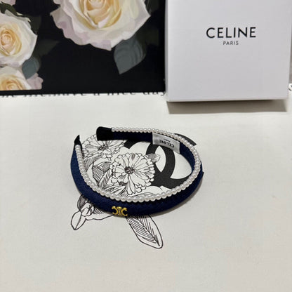 NAVY BLUE DENIM FABRIC HAIRBAND WITH PEARL CHAIN 400483