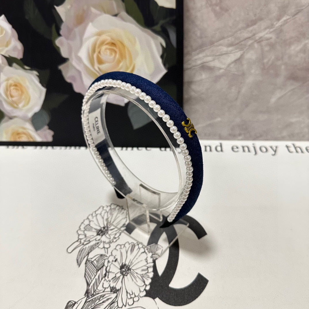 NAVY BLUE DENIM FABRIC HAIRBAND WITH PEARL CHAIN 400483