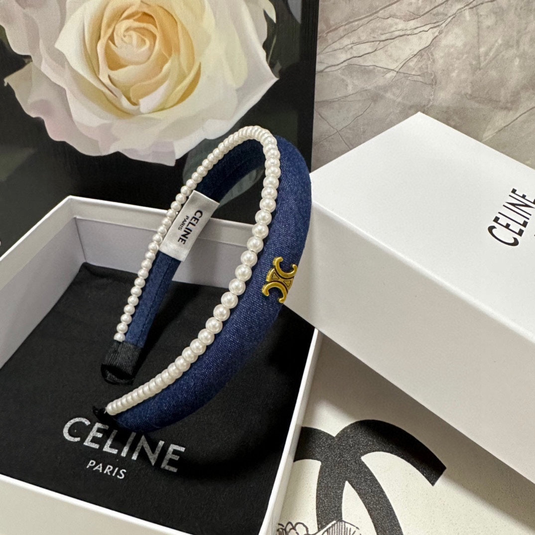 NAVY BLUE DENIM FABRIC HAIRBAND WITH PEARL CHAIN 400483