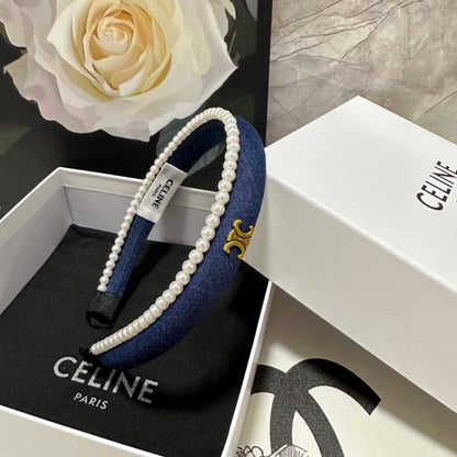 NAVY BLUE DENIM FABRIC HAIRBAND WITH PEARL CHAIN 400483