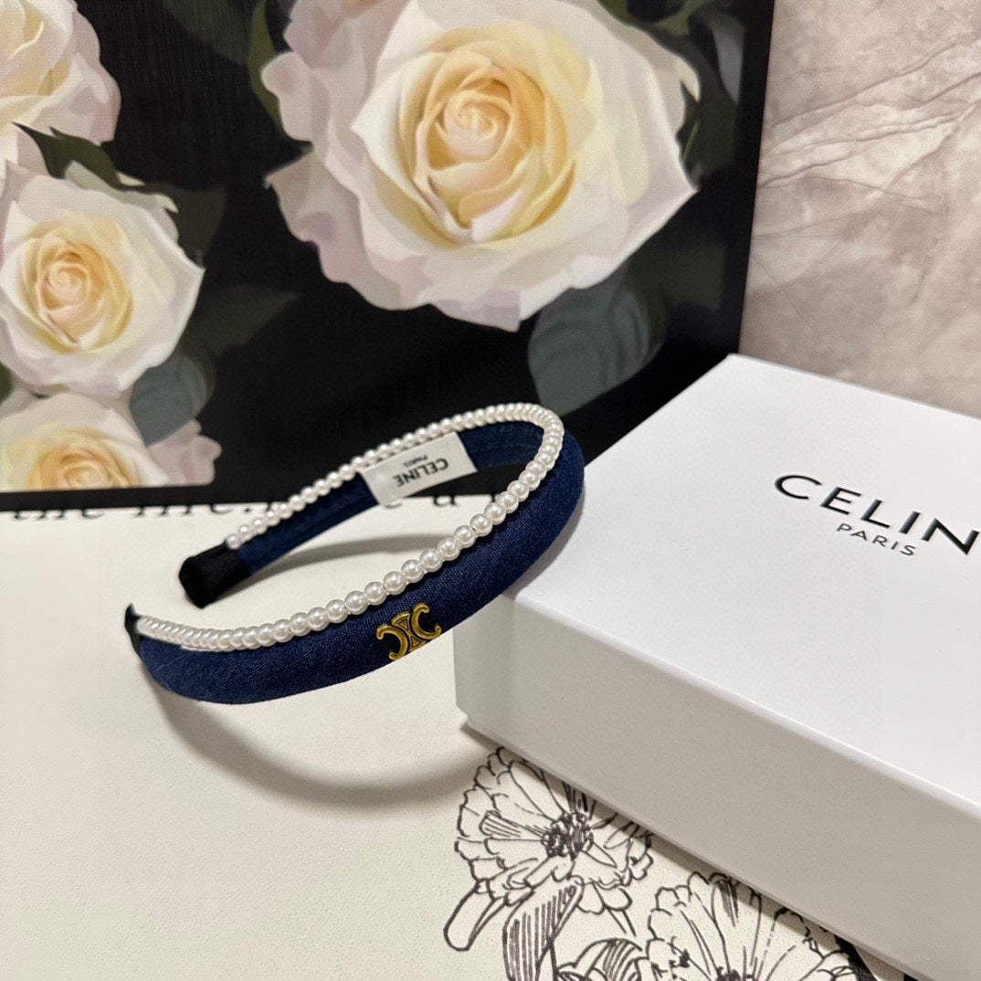 NAVY BLUE DENIM FABRIC HAIRBAND WITH PEARL CHAIN 400483