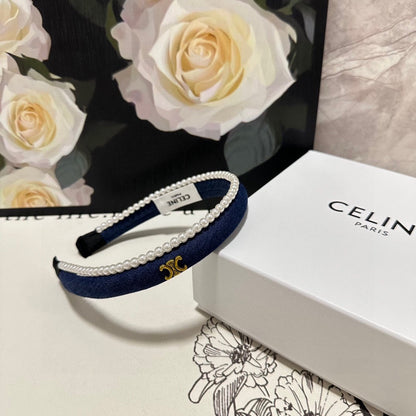 NAVY BLUE DENIM FABRIC HAIRBAND WITH PEARL CHAIN 400483