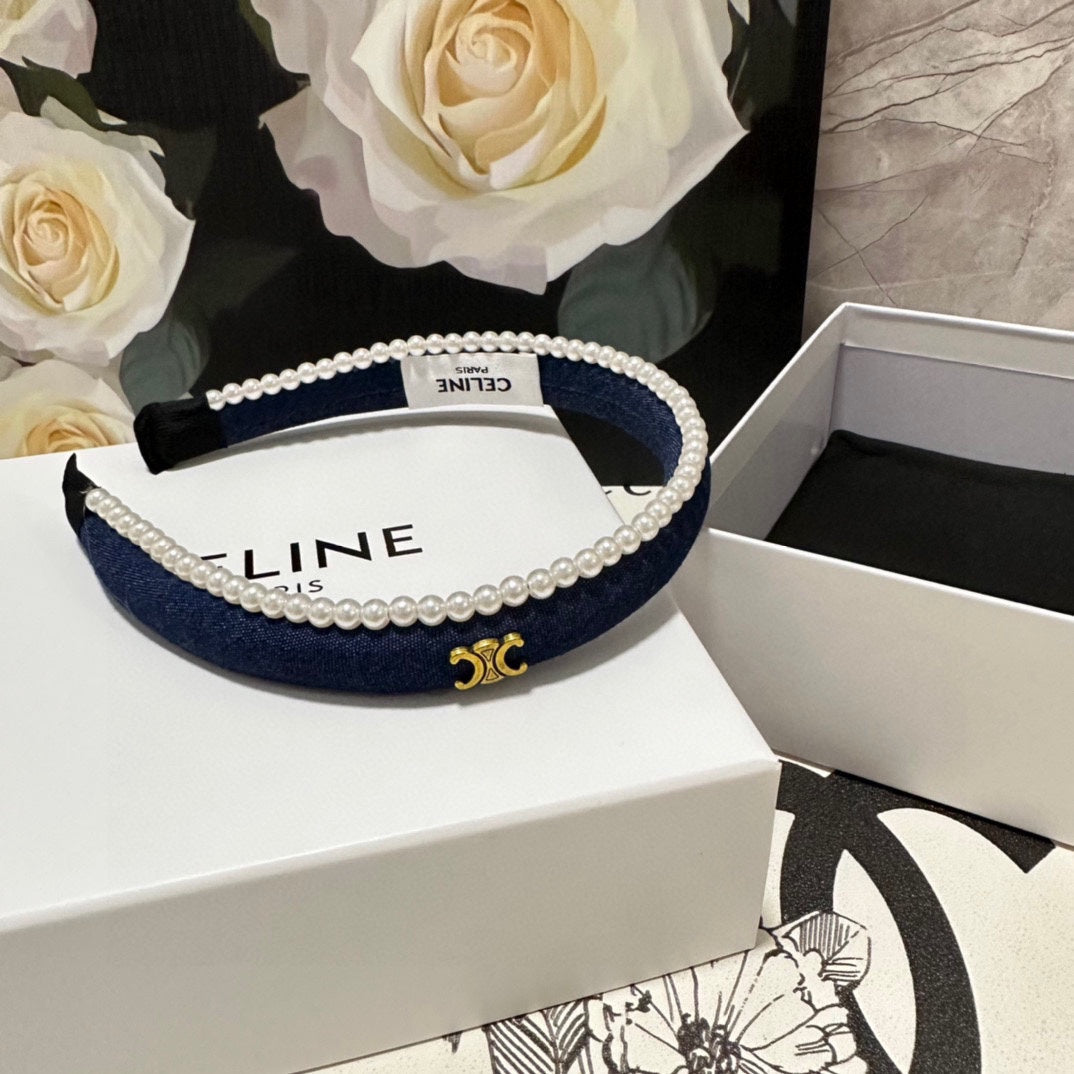 NAVY BLUE DENIM FABRIC HAIRBAND WITH PEARL CHAIN 400483