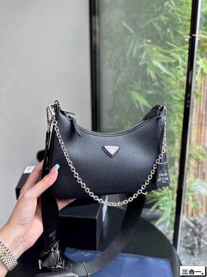 PRA 22 BAG IN BLACK SATIN WITH RHINSTONE SILVER HARDWARE