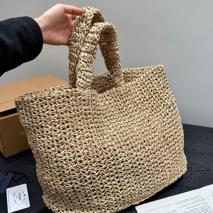 LARGE TOTE BAG 41 IN BEIGE MIX BLACK WOVEN RAFFIA
