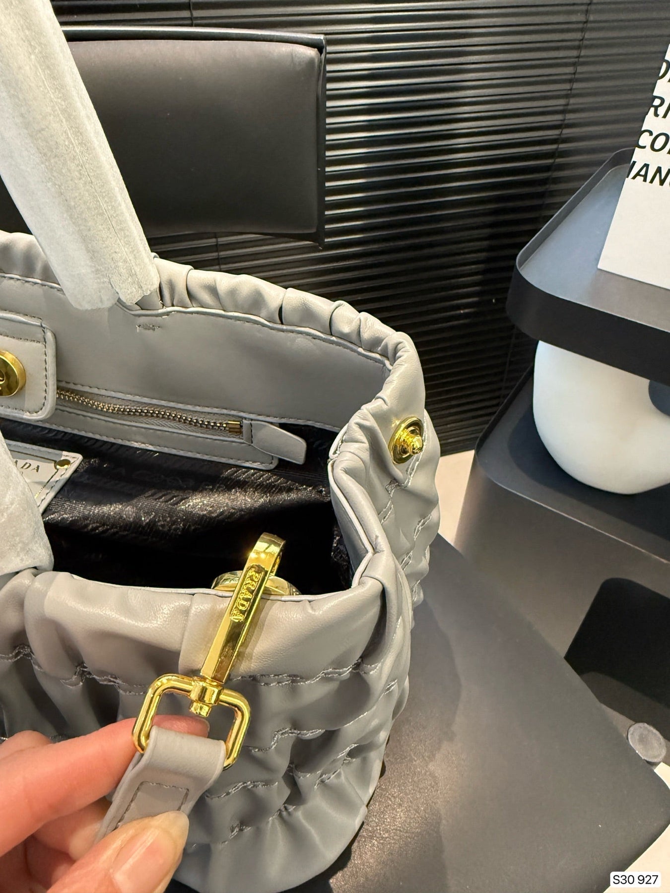 BOW DETAIL RUCHED TOP HANDLE BAG 29 IN LIGHT GREY SAFFIANO LEATHER