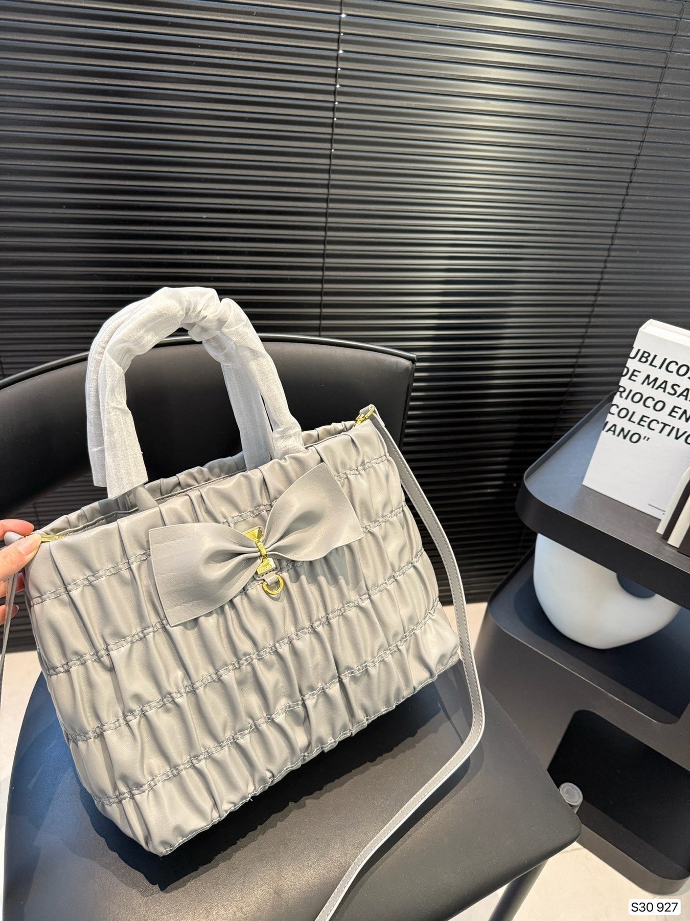 BOW DETAIL RUCHED TOP HANDLE BAG 29 IN LIGHT GREY SAFFIANO LEATHER