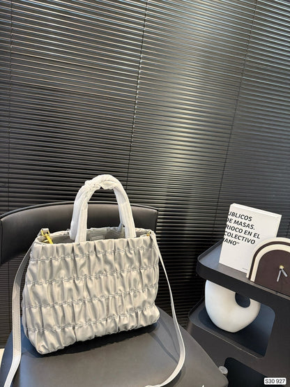 BOW DETAIL RUCHED TOP HANDLE BAG 29 IN LIGHT GREY SAFFIANO LEATHER