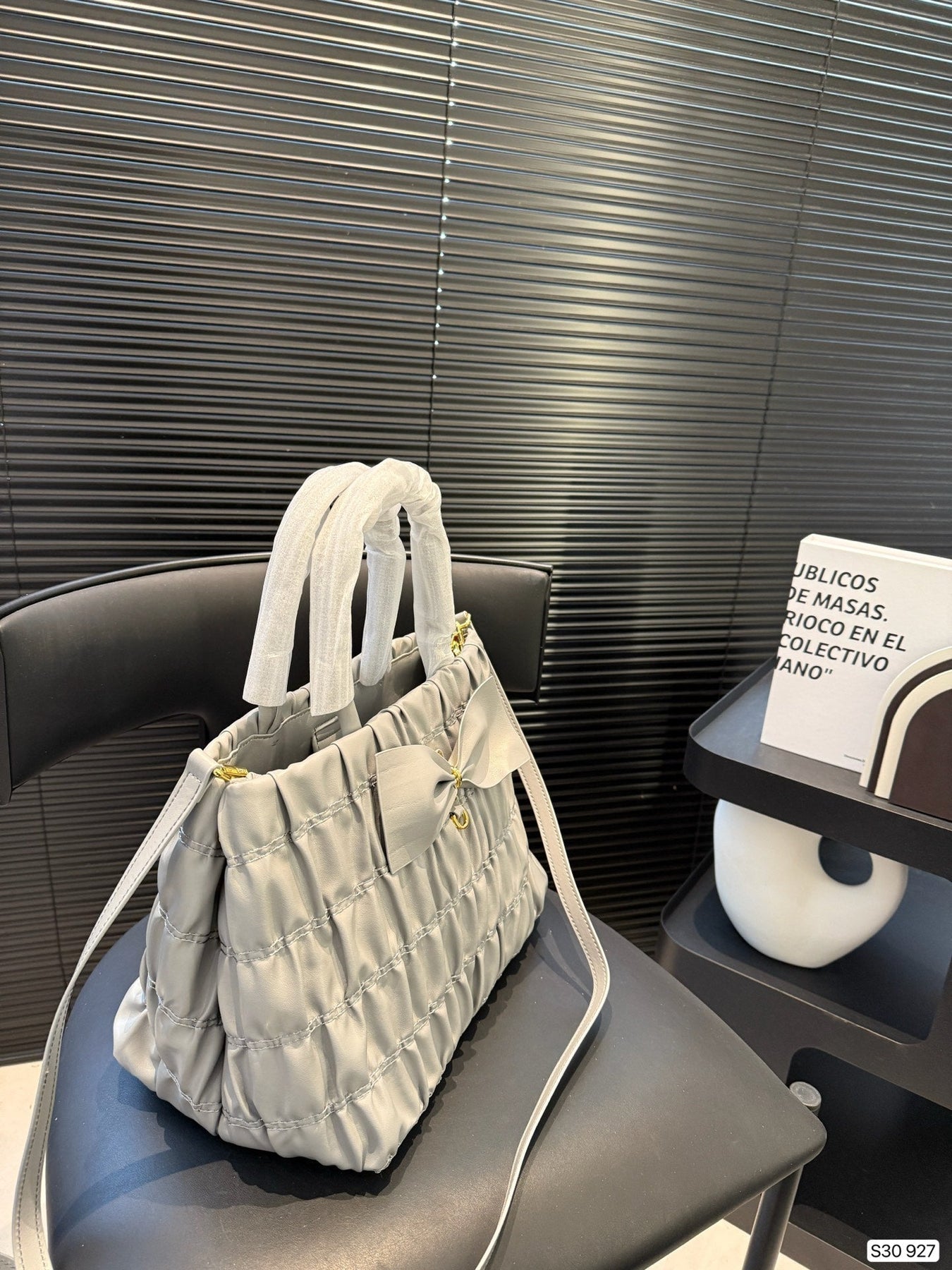 BOW DETAIL RUCHED TOP HANDLE BAG 29 IN LIGHT GREY SAFFIANO LEATHER