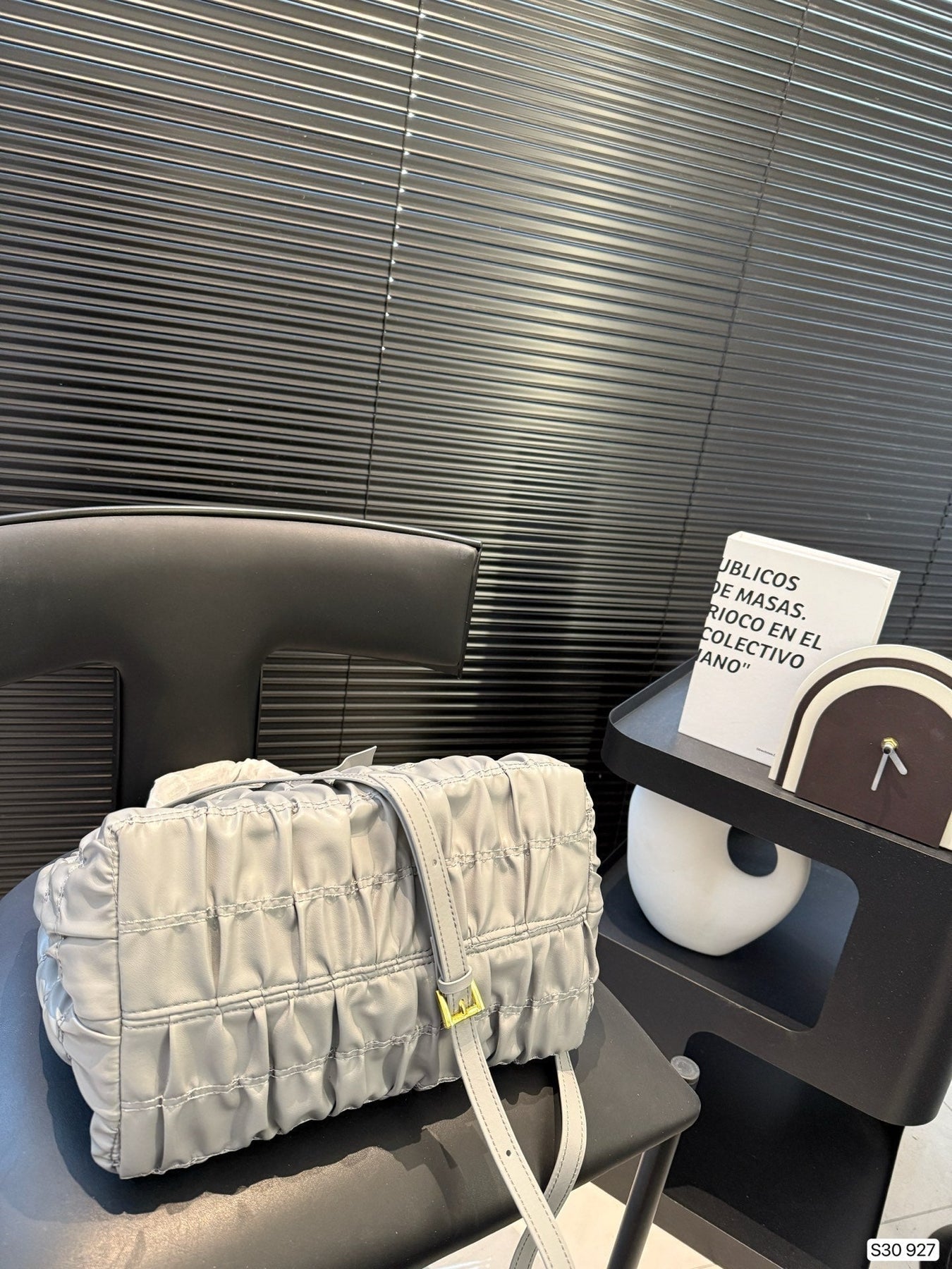 BOW DETAIL RUCHED TOP HANDLE BAG 29 IN LIGHT GREY SAFFIANO LEATHER