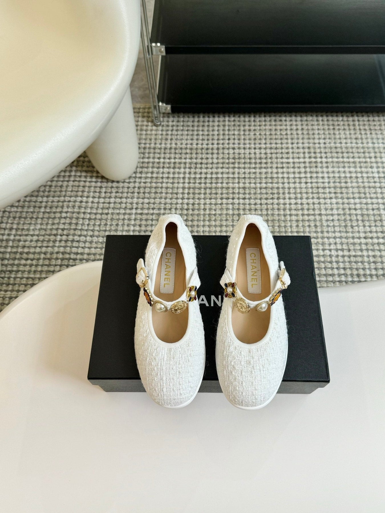 MARY JANE SHOES WHITE WOOL TWEED