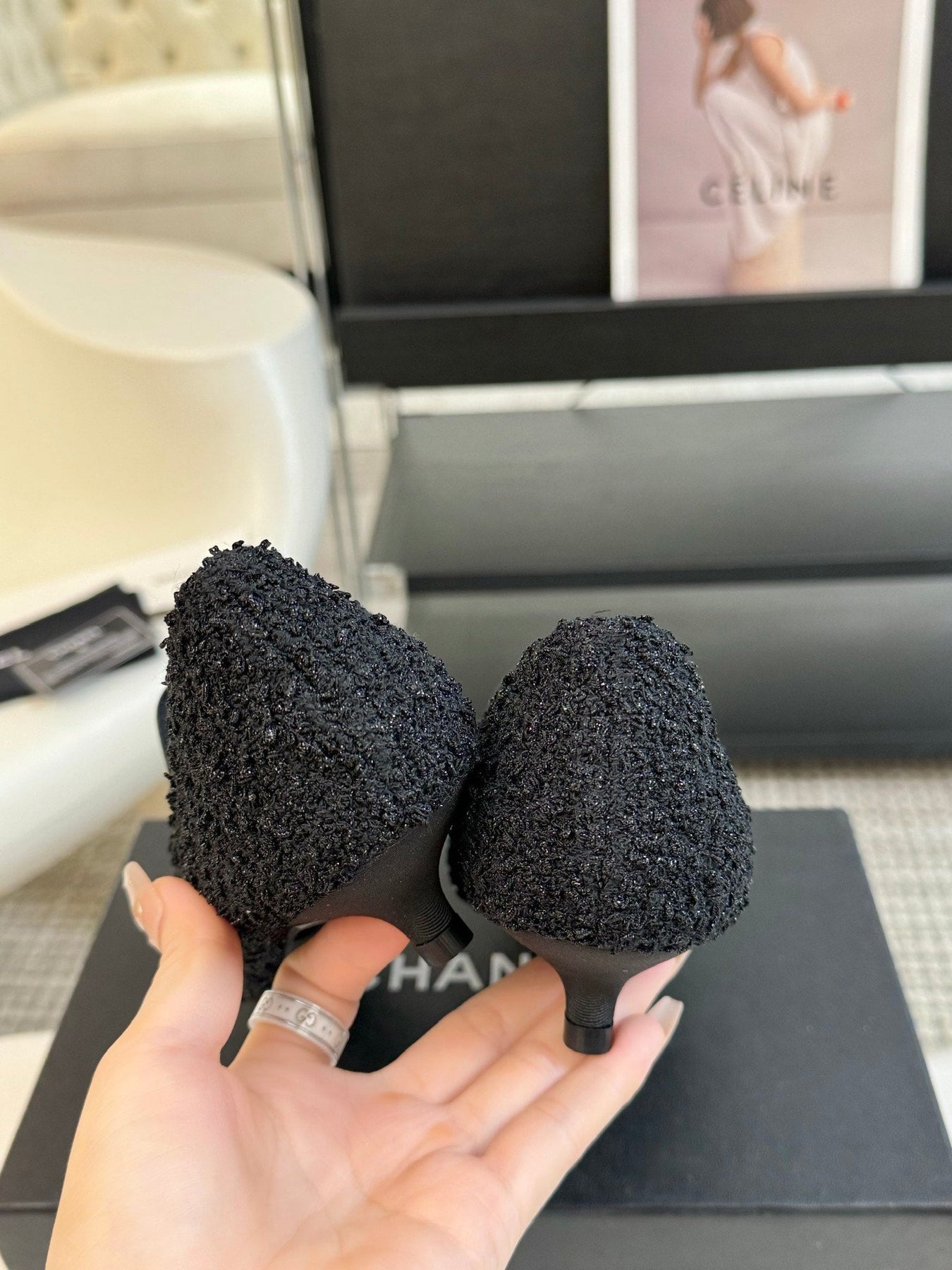 CC MARY JANE IN BLACK WOOL TWEED AND SATIN