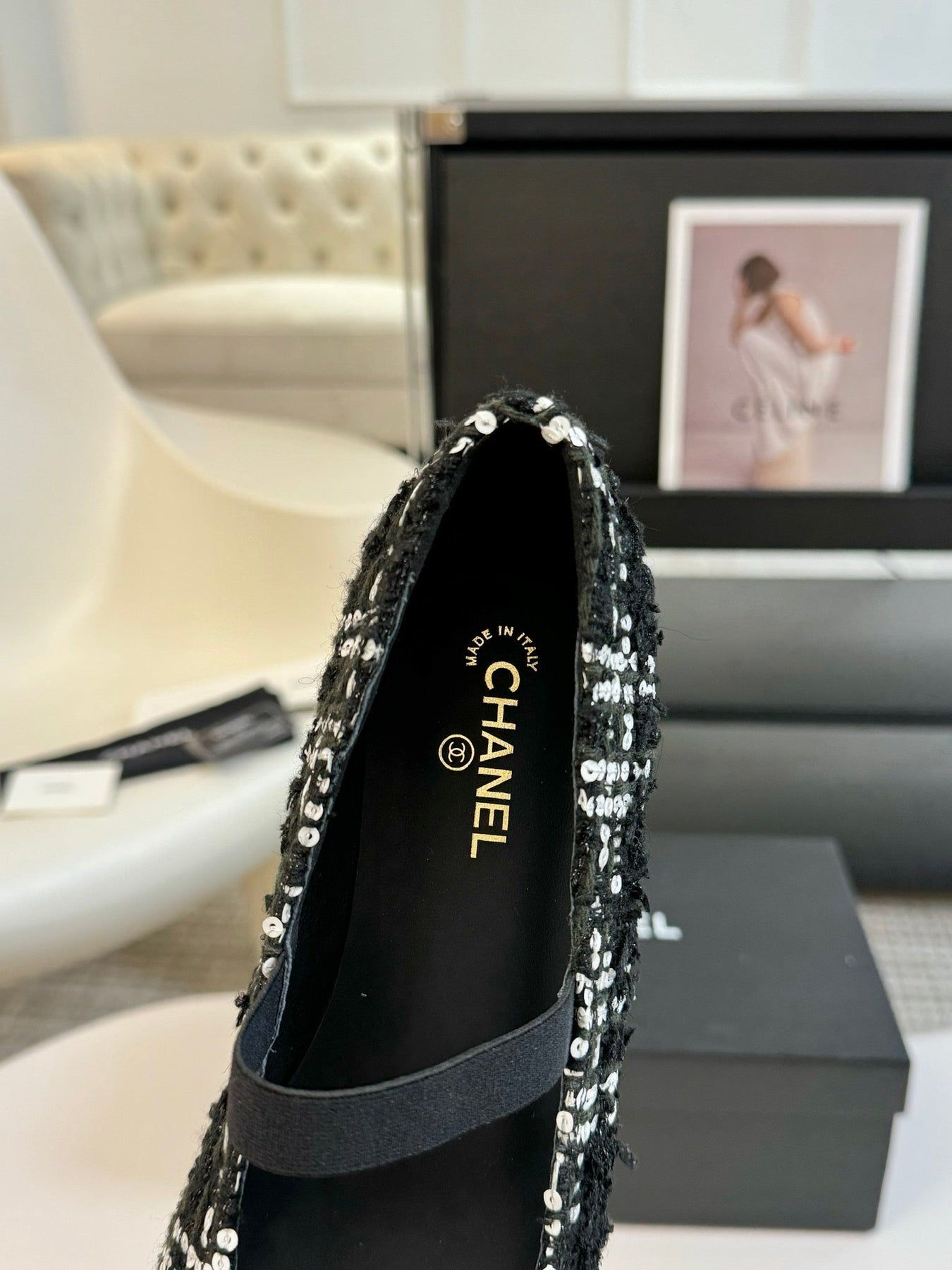 CC MARY JANE IN BLACK MIX WHITE WOOL TWEED