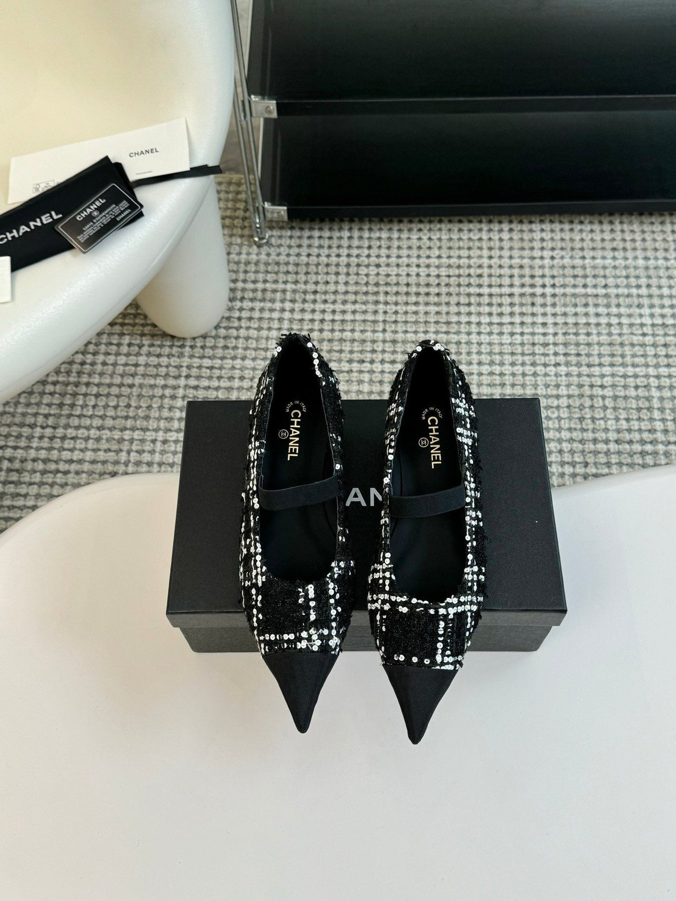 CC MARY JANE IN BLACK MIX WHITE WOOL TWEED