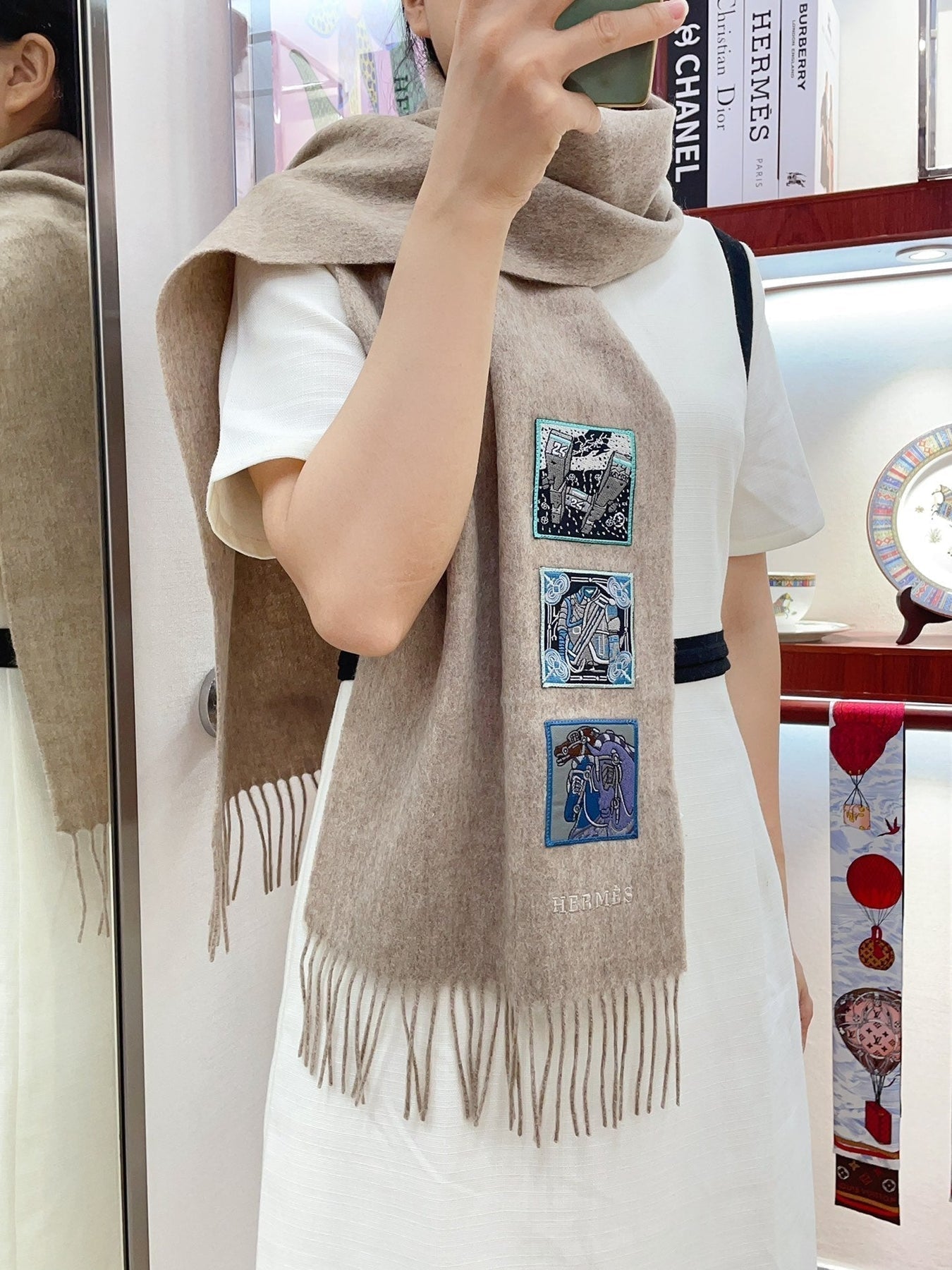 BADGES SOIE MUFFLER 180 CM SCRAF IN TAN BROWN CASHMERE
