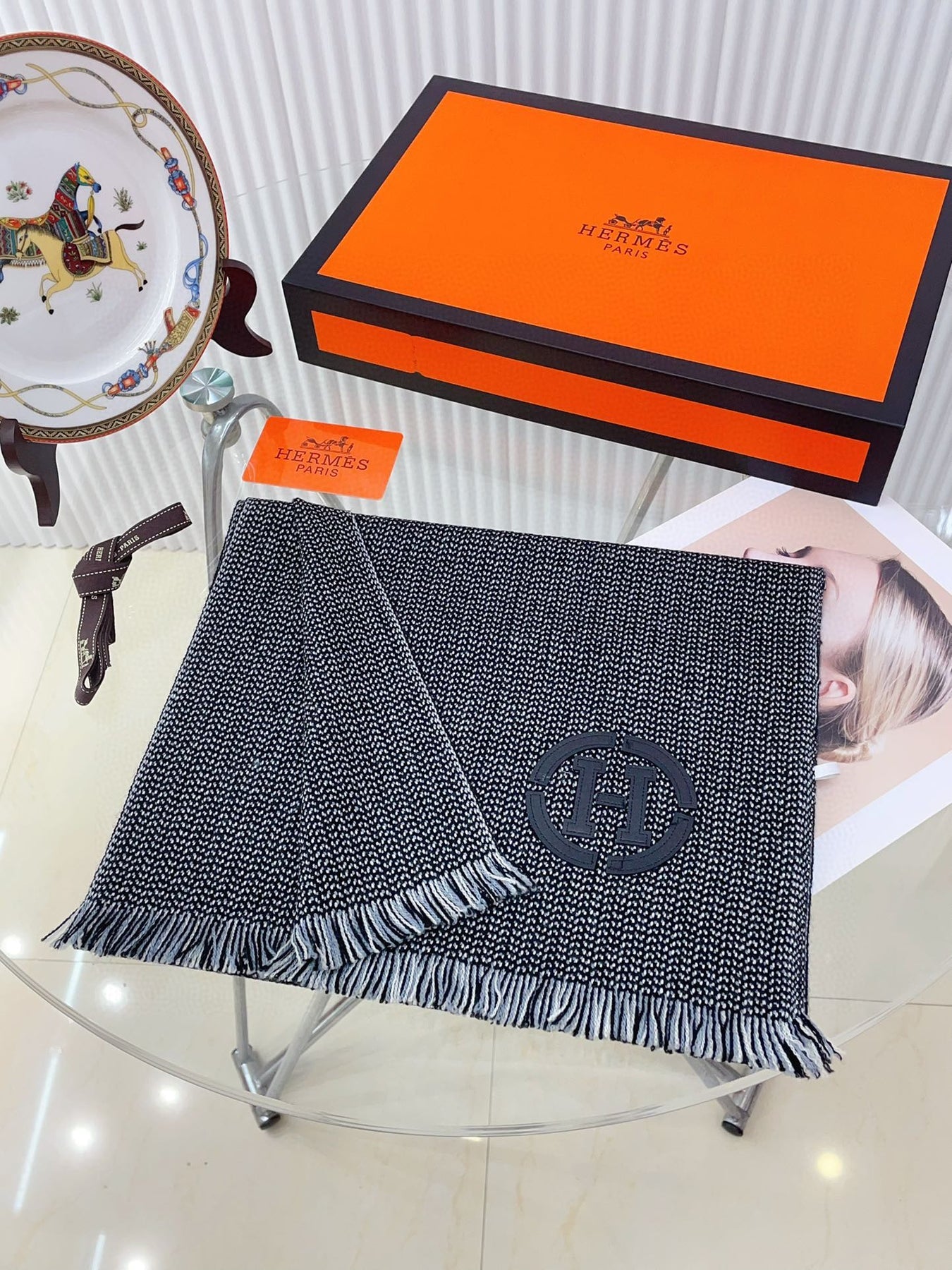 GRANITE MUFFLER 180 CM SCARF IN MARINE MIX BLEU MOYEN CASHMERE