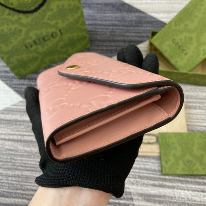 CONTINENTAL WALLET 19 IN PINK EMBOSSED CALFSKIN GOLD HARDWARE