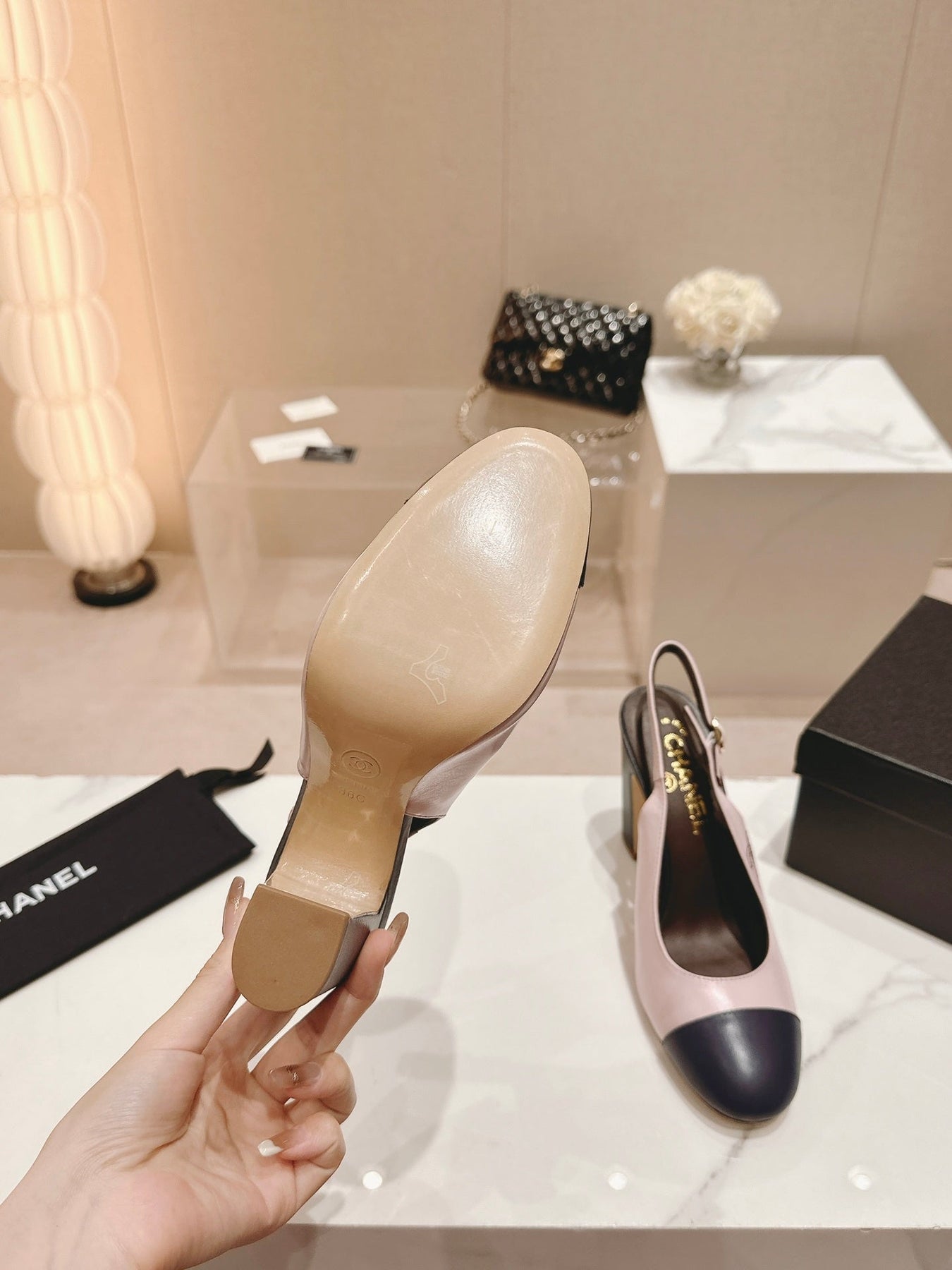 HIGH SLINGBACKS LIGHT PINK MIX BLACK SHEEPSKIN