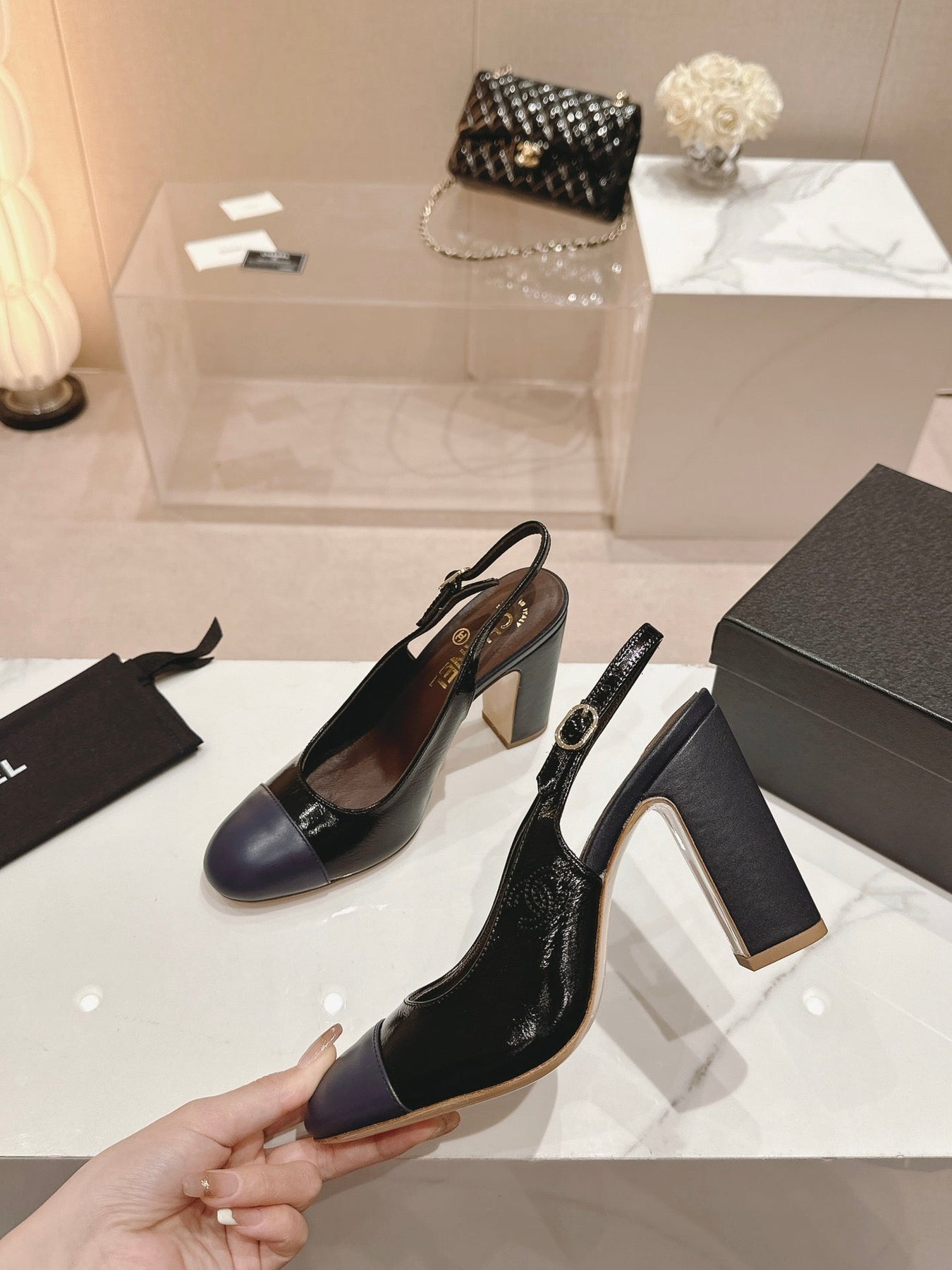 HIGH SLINGBACKS BLACK MIX VIOLET SHEEPSKIN