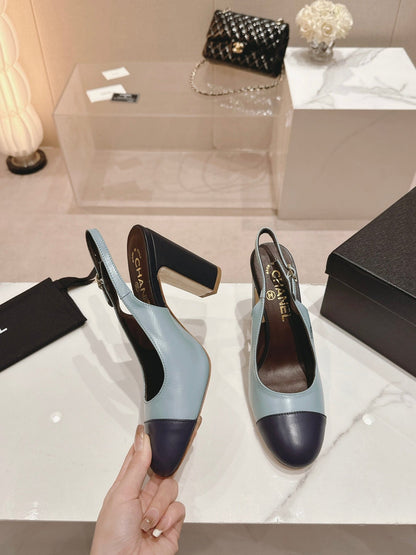 HIGH SLINGBACKS LIGHT BLUE MIX BLACK SHEEPSKIN