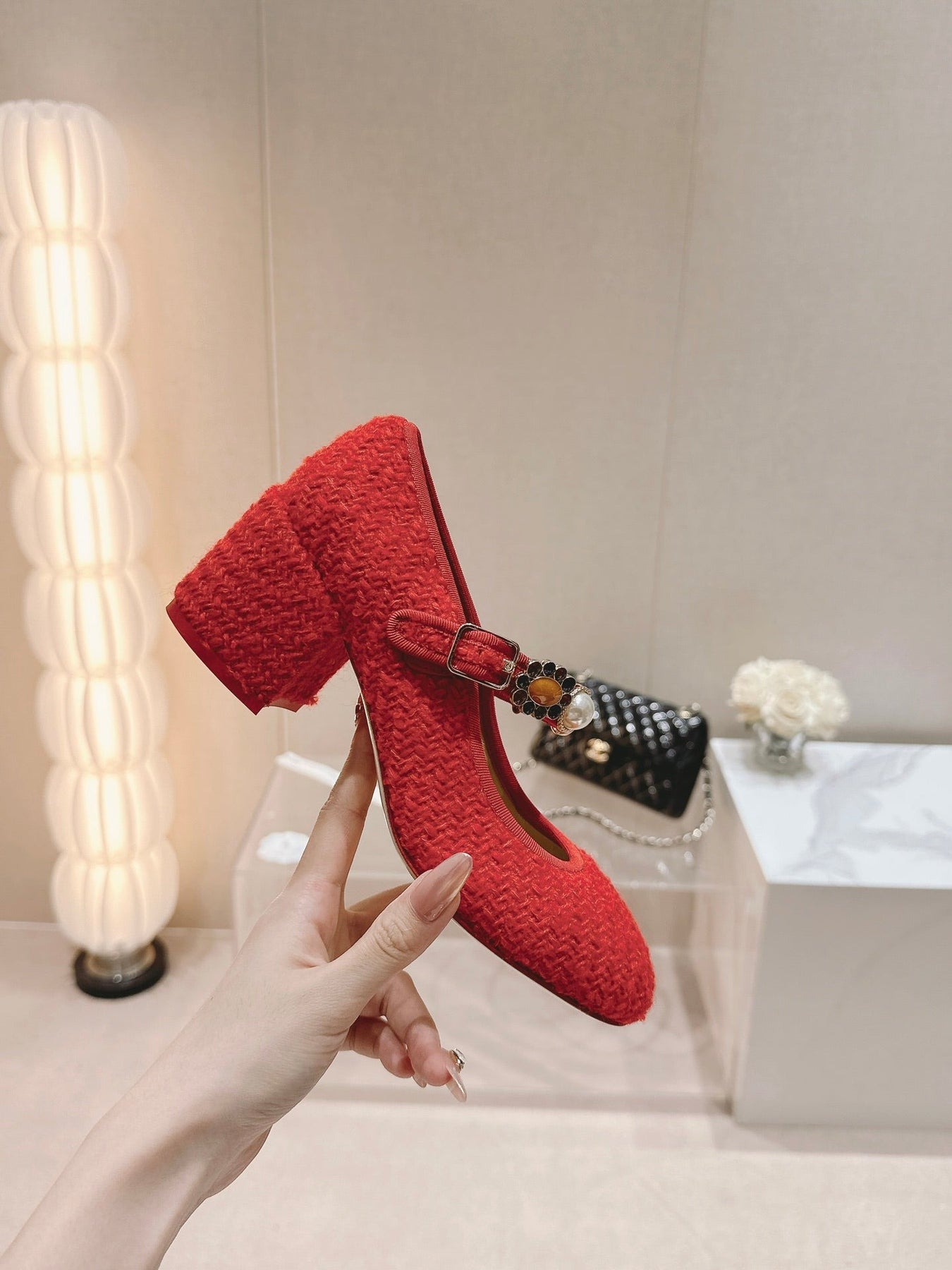 HIGH MARY JANE SHOES RED PINK WOOL TWEED