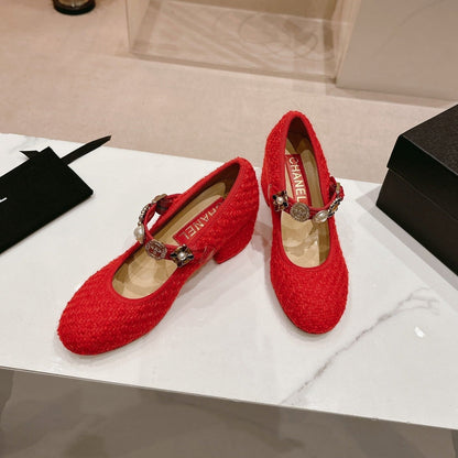 HIGH MARY JANE SHOES RED PINK WOOL TWEED