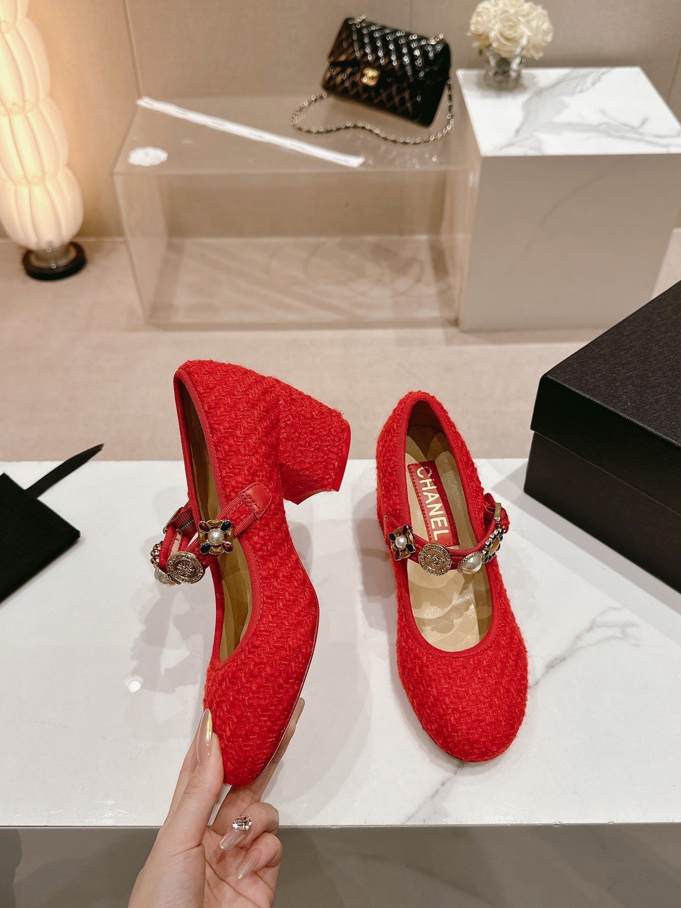 HIGH MARY JANE SHOES RED PINK WOOL TWEED