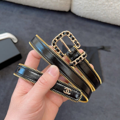 BELT 20MM IN BLACK CALFSKIN WITH INTERWOVEN CHAIN BUCKLE ZIPPER IN TRIM GOLD HARDWARE