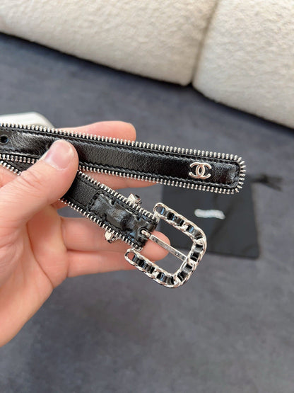 BELT 20MM IN BLACK CALFSKIN WITH INTERWOVEN CHAIN BUCKLE ZIPPER IN TRIM