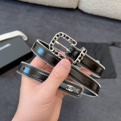 BELT 20MM IN BLACK CALFSKIN WITH INTERWOVEN CHAIN BUCKLE ZIPPER IN TRIM