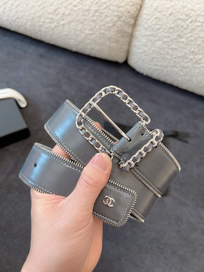 BELT 40MM IN GRAY CALFSKIN WITH INTERWOVEN CHAIN BUCKLE ZIPPER IN TRIM SILVER HARDWARE