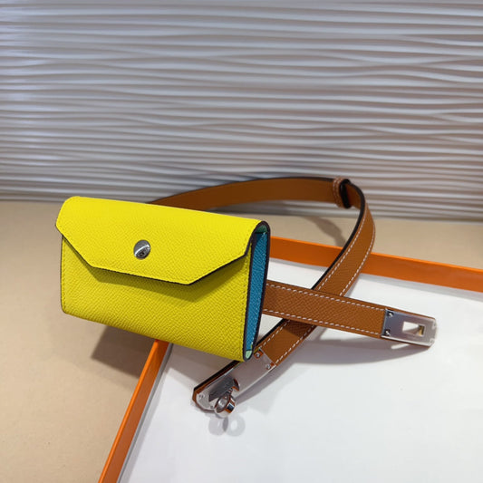 HM KELLY LEMON YELLOW POCKET 18MM BELT CINNAMON BROWN LEATHER SILVER HARDWARE