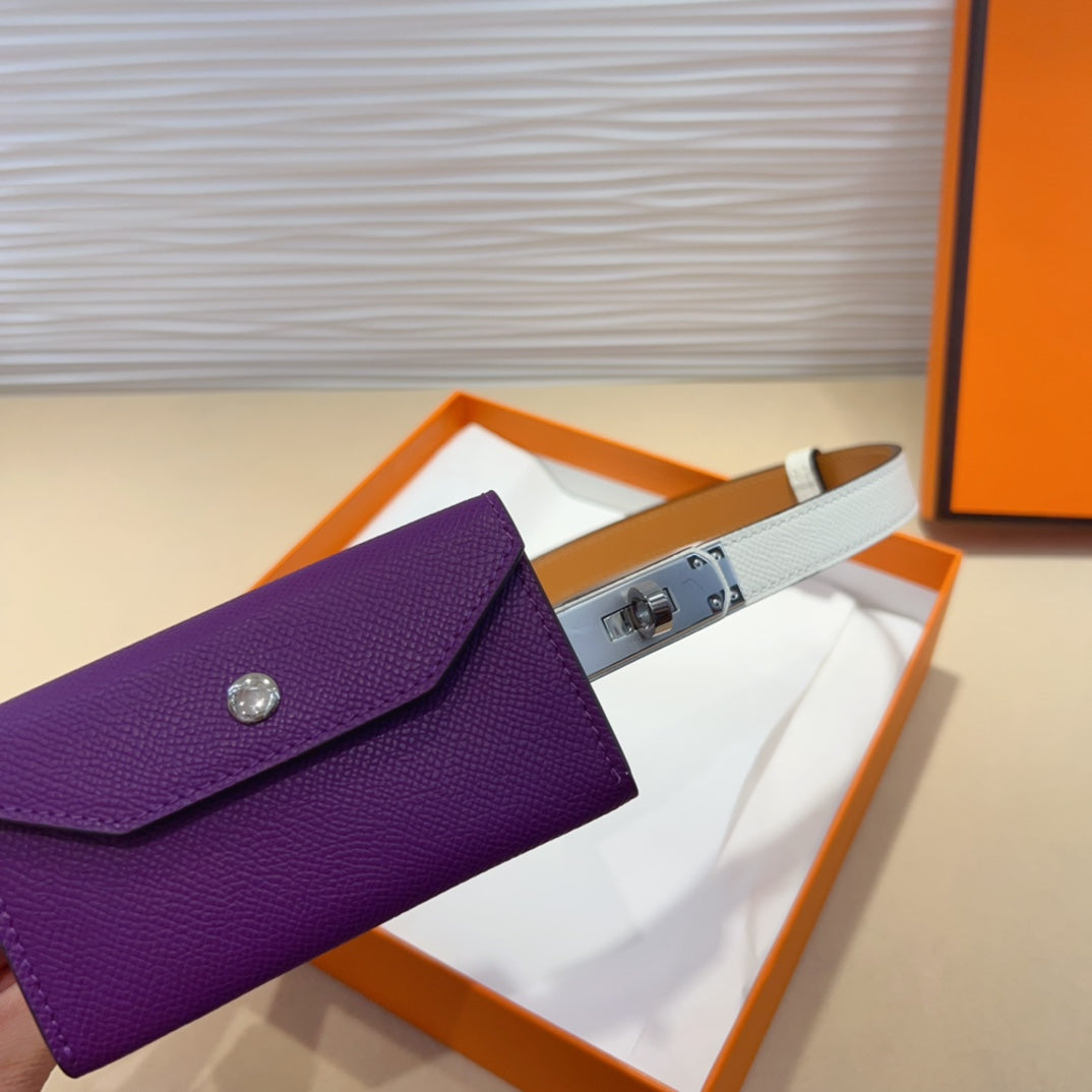 HM KELLY VIOLET PURPLE POCKET 18MM BELT WHITE LEATHER SILVER HARDWARE