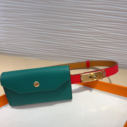 HM KELLY TEAL GREEN POCKET 18MM BELT CHERRY RED LEATHER GOLD HARDWARE